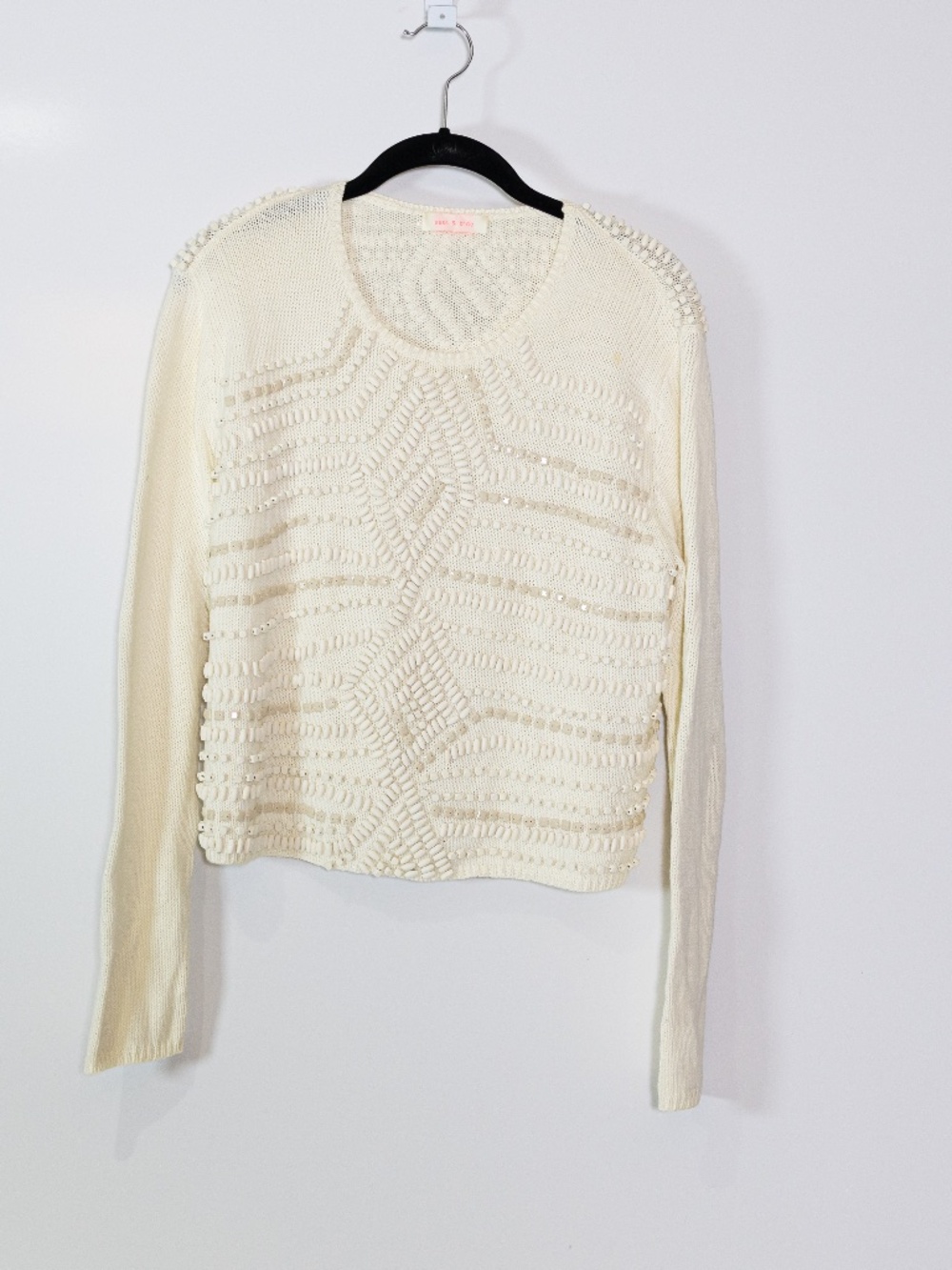 Sass & Bide Cotton Knit Stretch Wood Beaded Embellished Scoop Neck Sweater XS